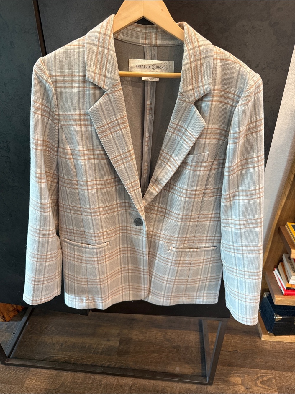 Treasure & Bond Light Cream and Beige Plaid Blazer